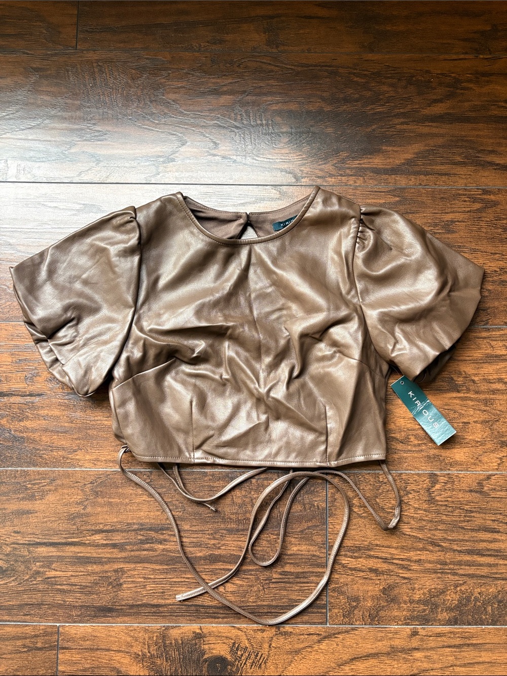 Kirious Brown Faux-Leather Crop Top with Tie Waist